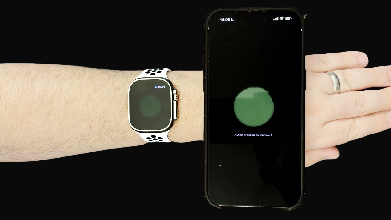 An Apple Watch and iPhone side by side, showing AtLeast mirroring a live timer session between the two devices.